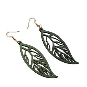 Boho Forest Green Cut Wood Leaf Design Drop Style Earrings
